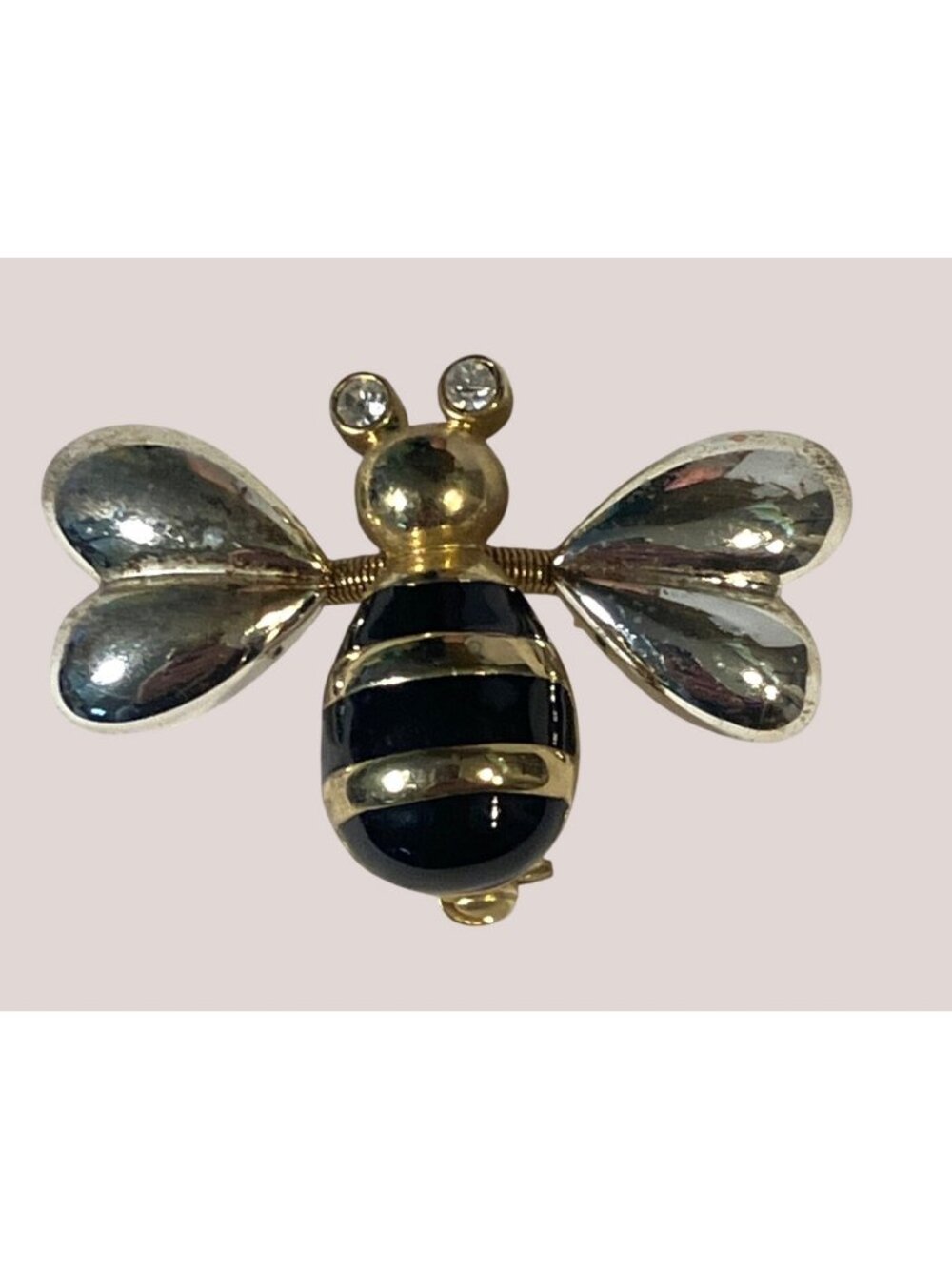 Gold and Silver Tone Black Enamel Bee Brooch With Rhinestone Accents